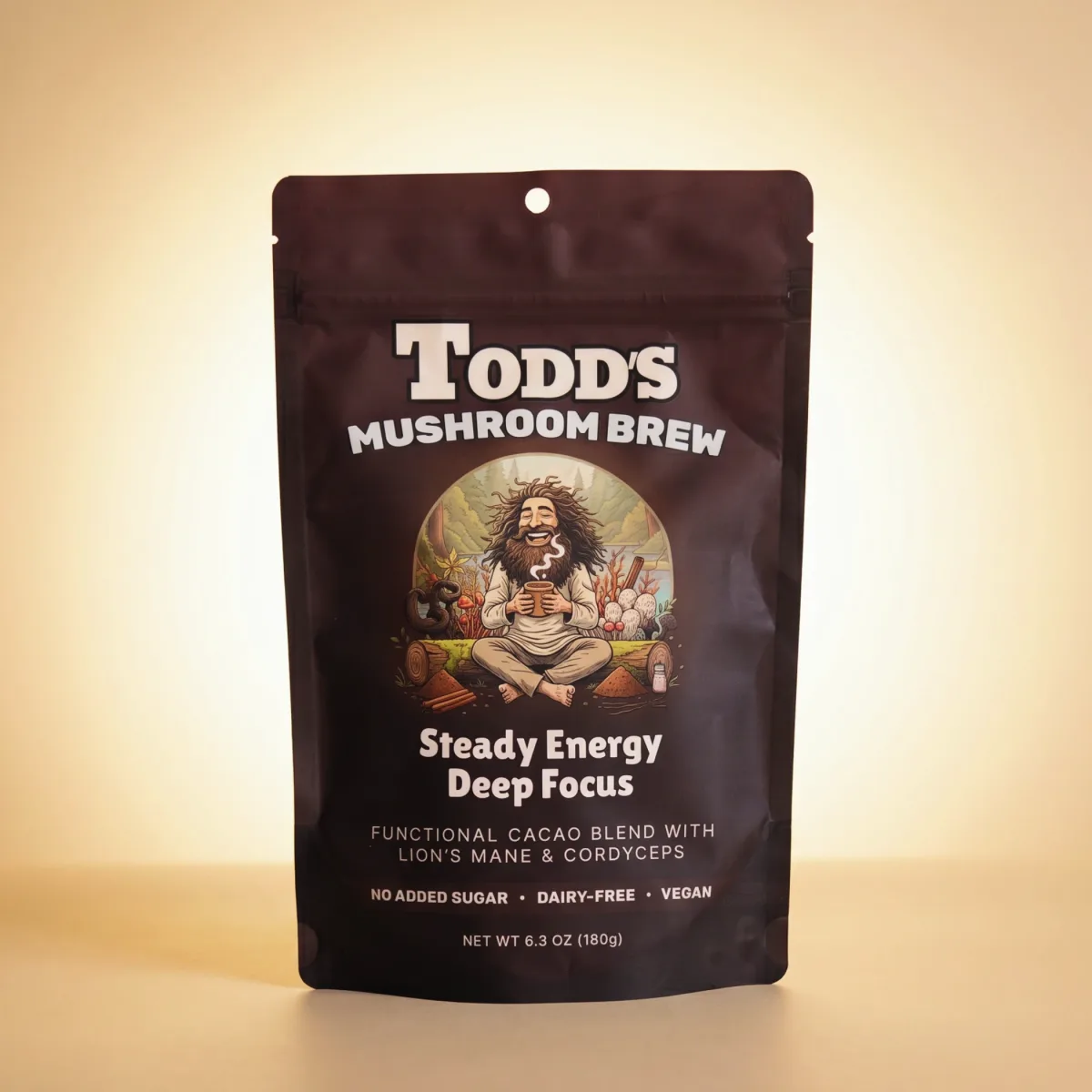 Todd's Mushroom Brew pouch on a warm neutral backdrop
