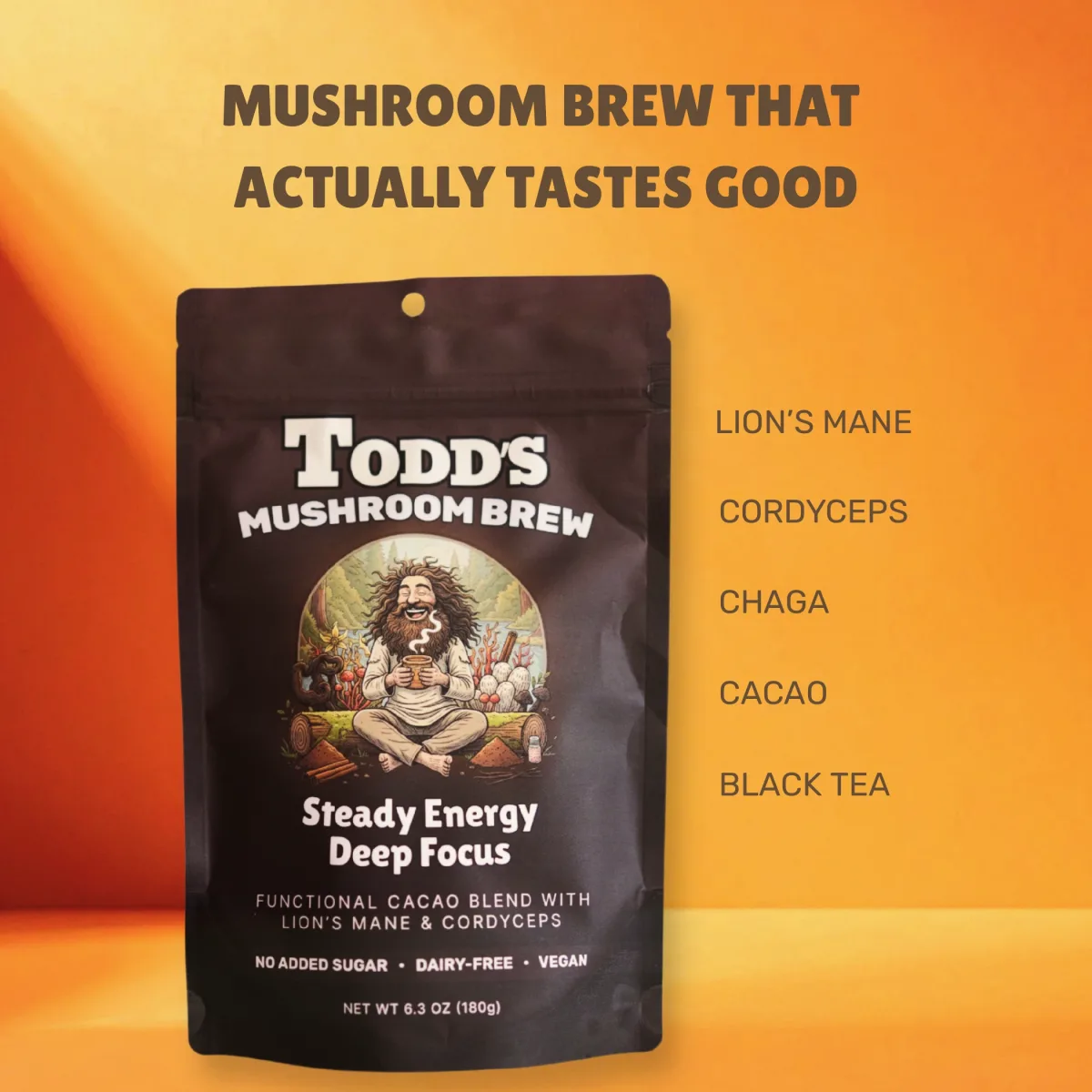 Todd's Mushroom Brew pouch with key mushroom ingredients