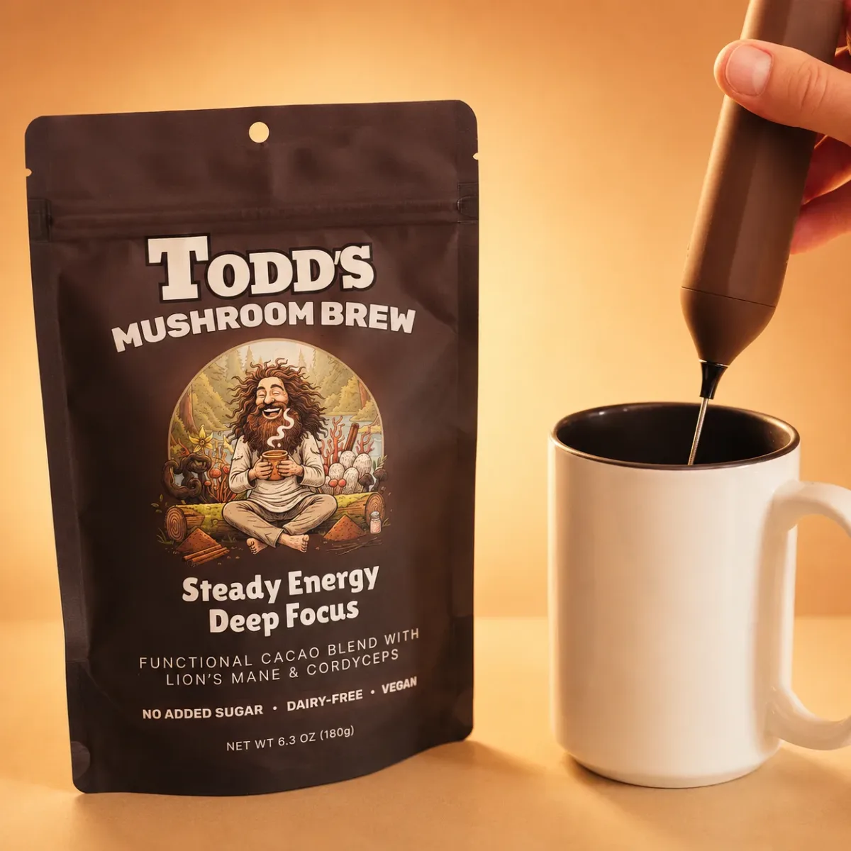 Todd's Mushroom Brew pouch next to a prepared mug