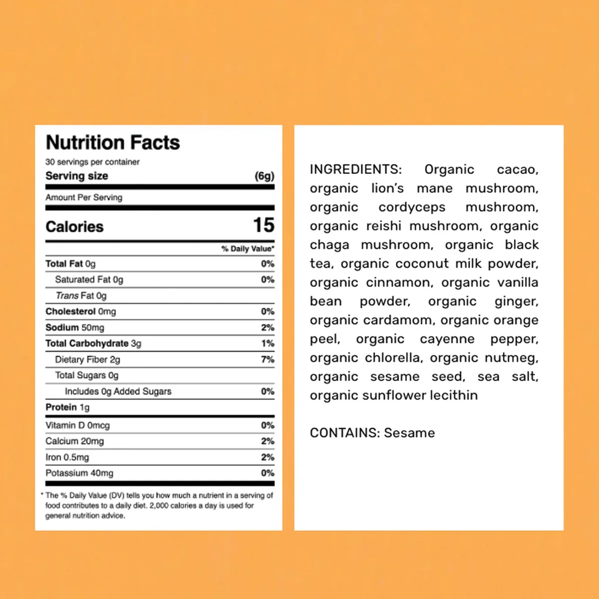 Todd's Mushroom Brew nutrition facts on orange background